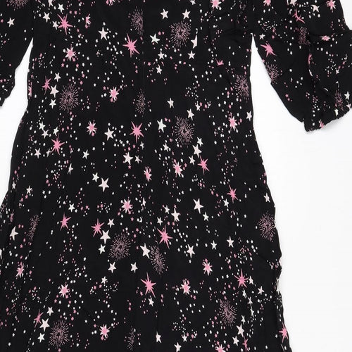 Marks and Spencer Womens Black Geometric Viscose A-Line Size 12 Round Neck Zip - Star Print