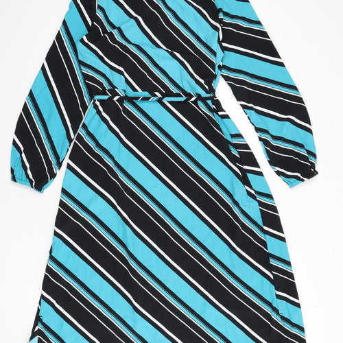 Marks and Spencer Womens Multicoloured Striped Polyester A-Line Size 10 Round Neck Button - Tie Detail
