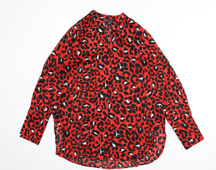 Marks and Spencer Womens Red Animal Print Polyester Basic Blouse Size 10 V-Neck - Leopard Print