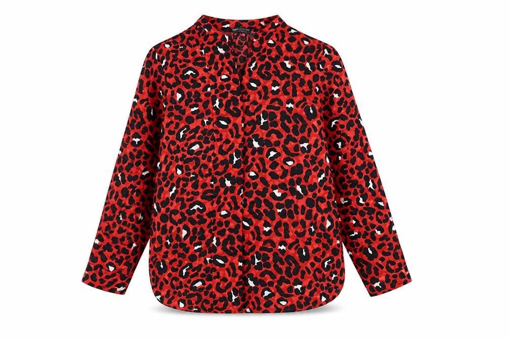 Front view of Marks & Spencer women’s red animal print polyester basic blouse, size UK 10, v-neck - leopard print