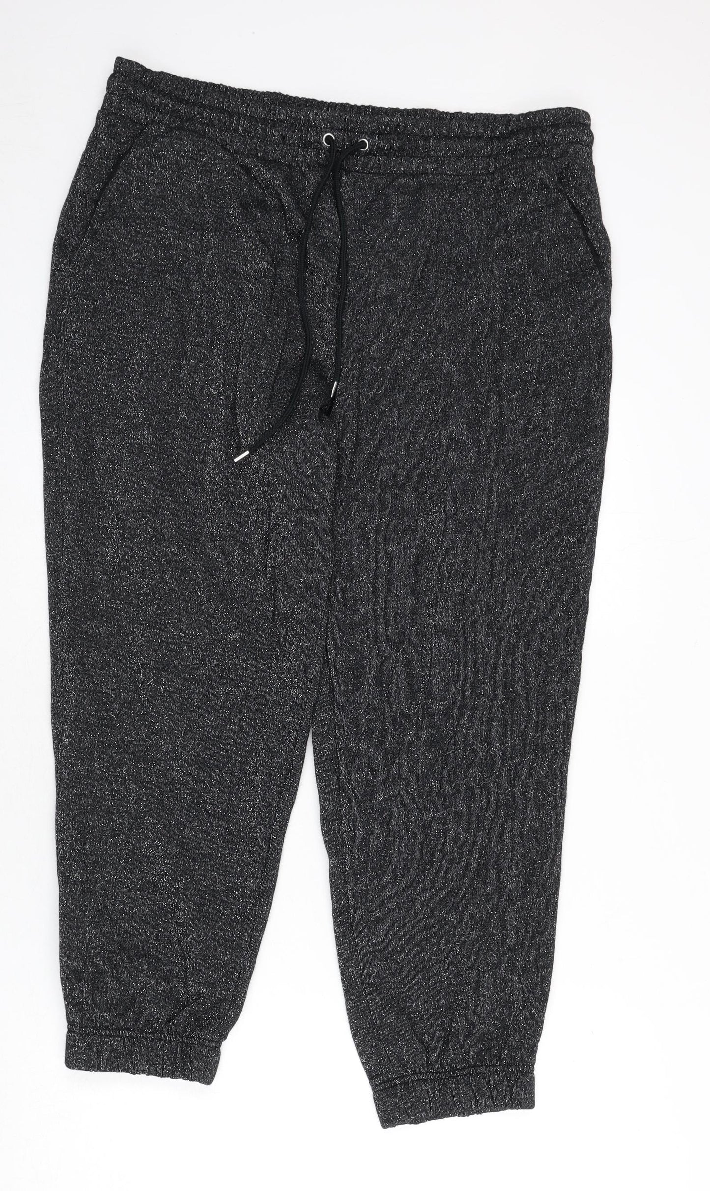 Marks and Spencer Womens Black Cotton Jogger Trousers Size 18 L24 in Regular Drawstring - Glitter