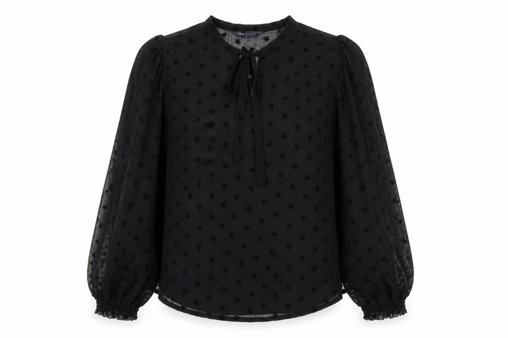 Front view of Marks & Spencer women’s black geometric polyester basic blouse, size UK 10, round neck - star print