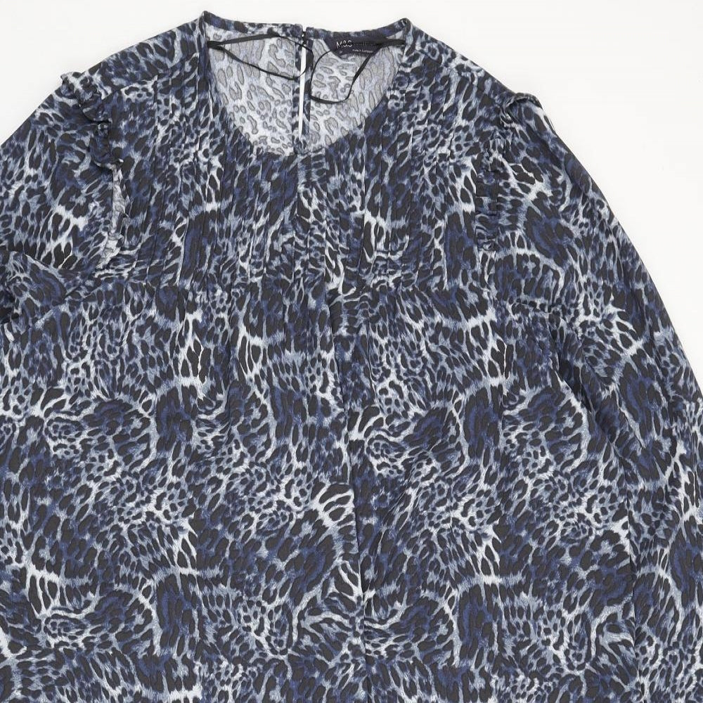 Marks and Spencer Womens Blue Animal Print Polyester Sheath Size 24 Round Neck Button - Leopard Print