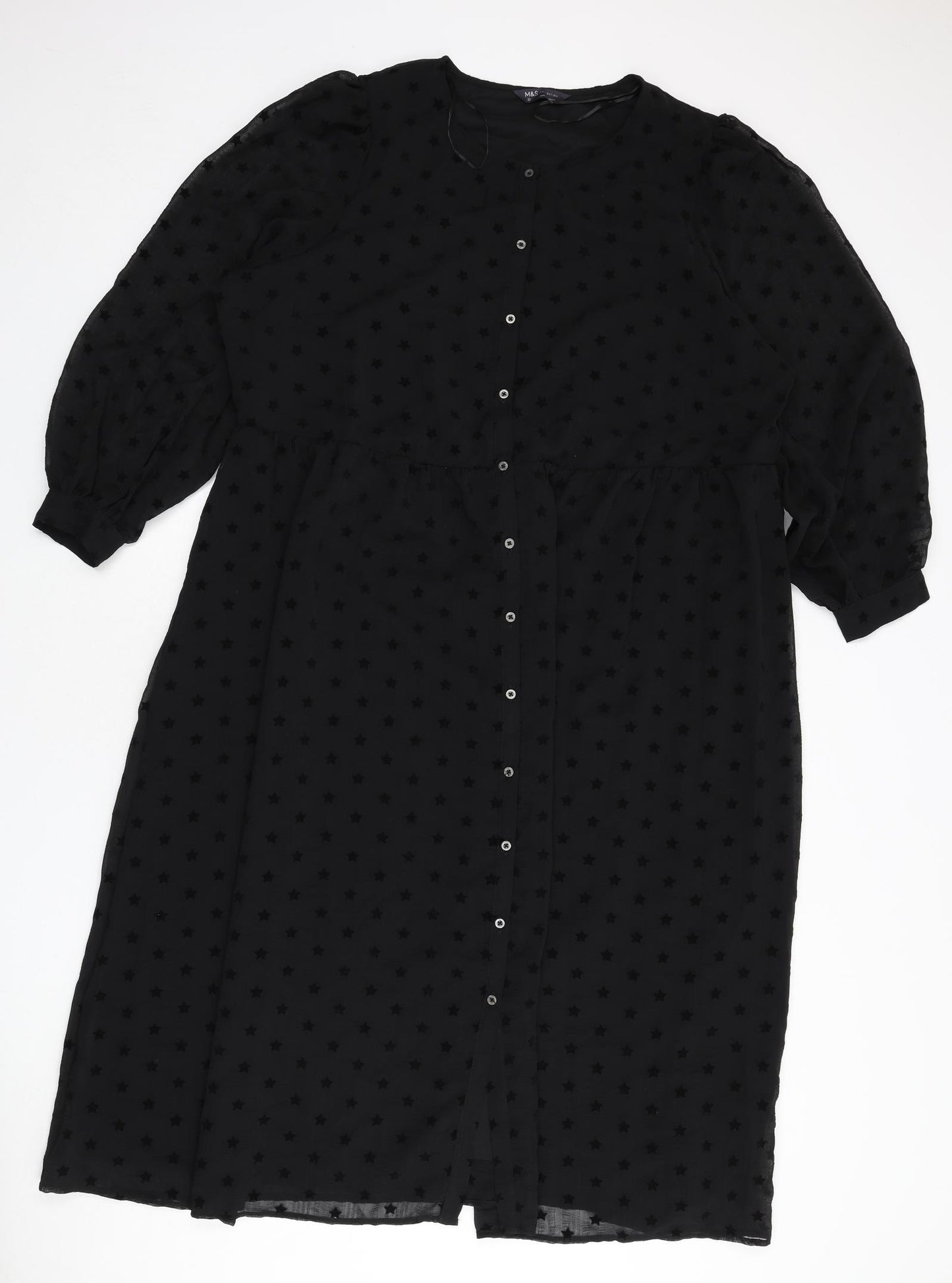 Marks and Spencer Womens Black Geometric Polyester A-Line Size 22 Round Neck Button - Star Print