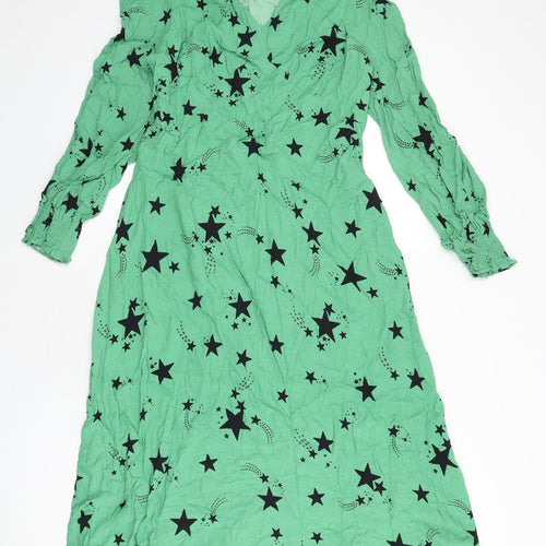 Marks and Spencer Womens Green Geometric Viscose A-Line Size 14 V-Neck Zip - Star Print, Tie Detail