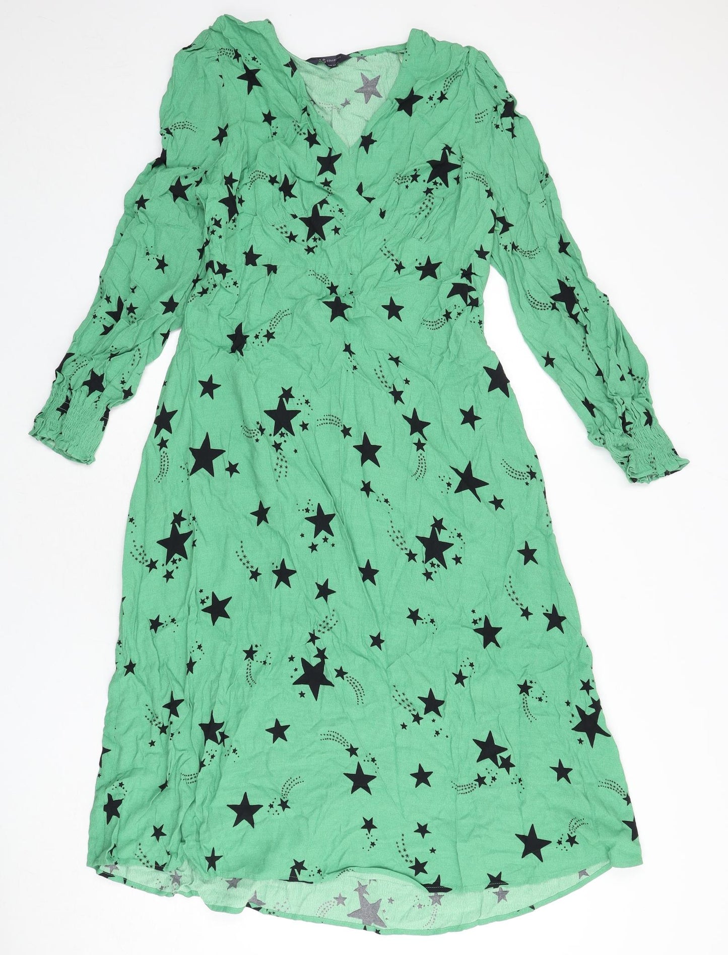 Marks and Spencer Womens Green Geometric Viscose A-Line Size 14 V-Neck Zip - Star Print, Tie Detail