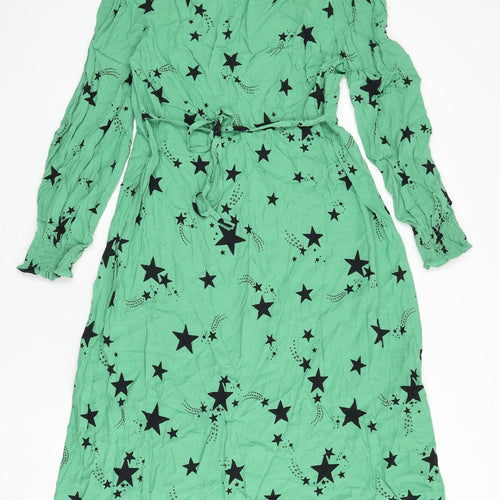Marks and Spencer Womens Green Geometric Viscose A-Line Size 14 V-Neck Zip - Star Print, Tie Detail