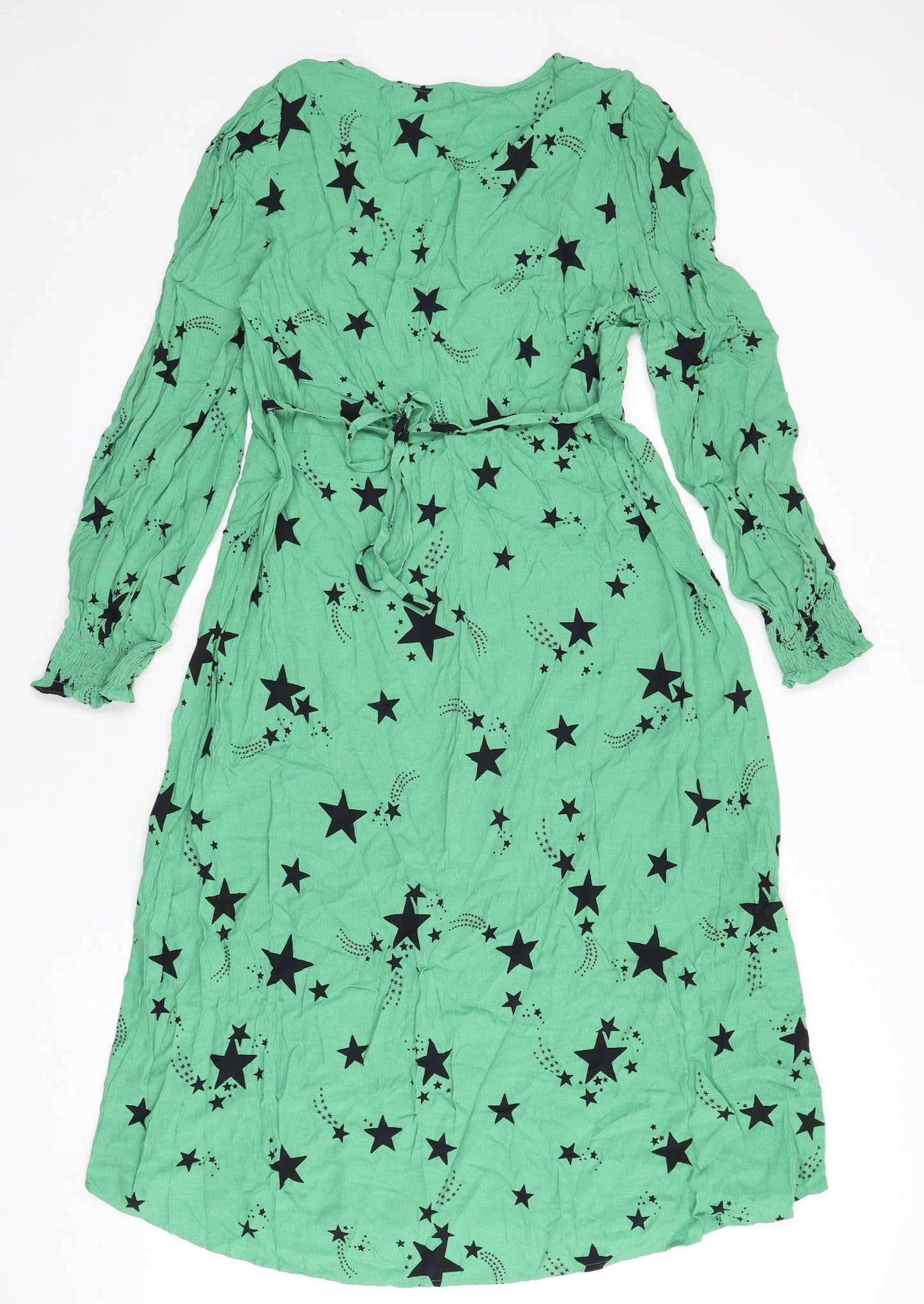 Marks and Spencer Womens Green Geometric Viscose A-Line Size 14 V-Neck Zip - Star Print, Tie Detail