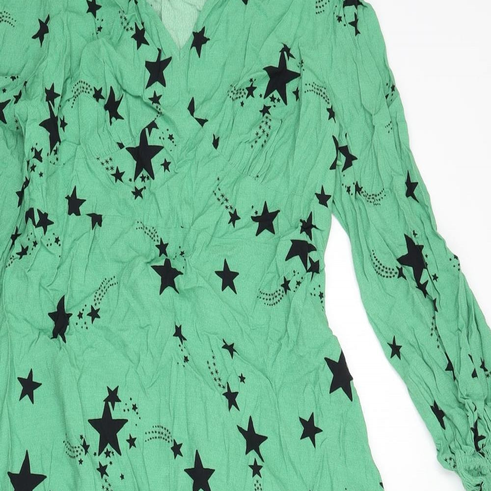 Marks and Spencer Womens Green Geometric Viscose A-Line Size 14 V-Neck Zip - Star Print, Tie Detail