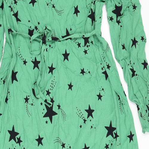 Marks and Spencer Womens Green Geometric Viscose A-Line Size 14 V-Neck Zip - Star Print, Tie Detail