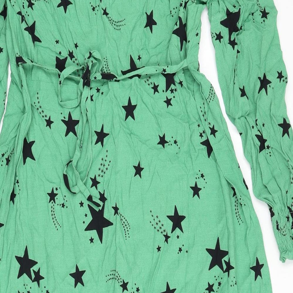 Marks and Spencer Womens Green Geometric Viscose A-Line Size 14 V-Neck Zip - Star Print, Tie Detail