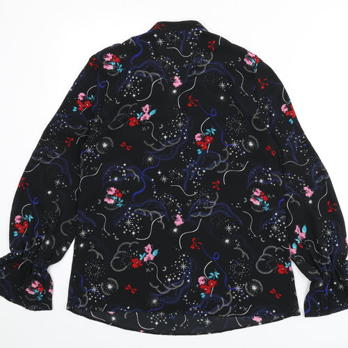 Marks and Spencer Womens Black Geometric Polyester Basic Blouse Size 10 V-Neck - Ruffle Detail