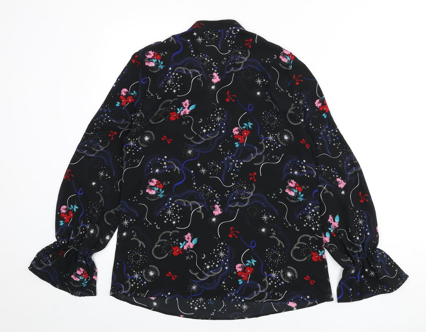 Marks and Spencer Womens Black Geometric Polyester Basic Blouse Size 10 V-Neck - Ruffle Detail