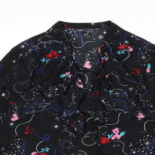 Marks and Spencer Womens Black Geometric Polyester Basic Blouse Size 10 V-Neck - Ruffle Detail