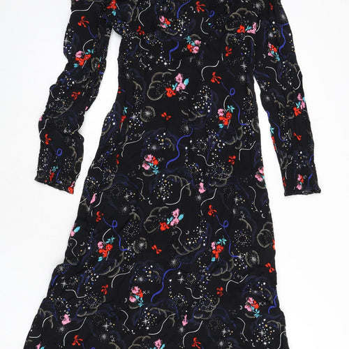 Marks and Spencer Womens Black Geometric Viscose A-Line Size 10 V-Neck Zip - Tie Detail