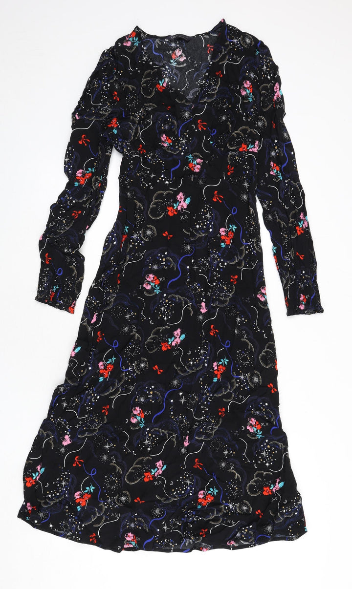 Marks and Spencer Womens Black Geometric Viscose A-Line Size 10 V-Neck Zip - Tie Detail