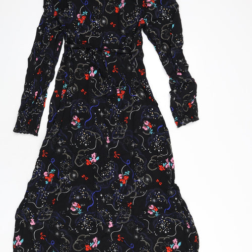 Marks and Spencer Womens Black Geometric Viscose A-Line Size 10 V-Neck Zip - Tie Detail