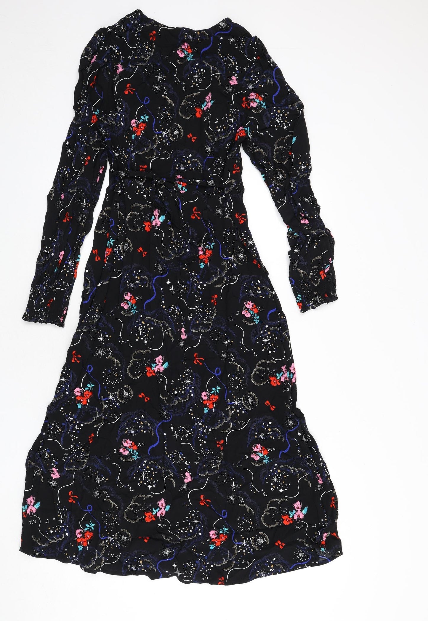 Marks and Spencer Womens Black Geometric Viscose A-Line Size 10 V-Neck Zip - Tie Detail