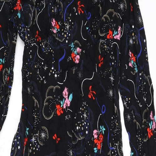 Marks and Spencer Womens Black Geometric Viscose A-Line Size 10 V-Neck Zip - Tie Detail