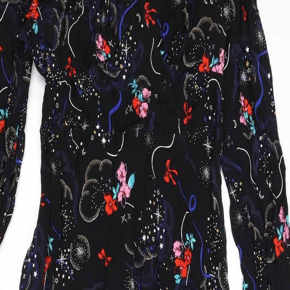 Marks and Spencer Womens Black Geometric Viscose A-Line Size 10 V-Neck Zip - Tie Detail
