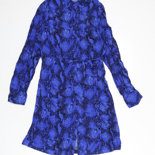 Marks and Spencer Womens Blue Animal Print Viscose Shirt Dress Size 10 Collared Button - Snake Skin Print, Tie Detail