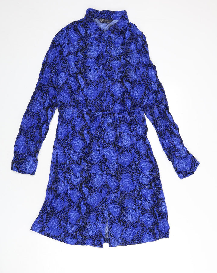 Marks and Spencer Womens Blue Animal Print Viscose Shirt Dress Size 10 Collared Button - Snake Skin Print, Tie Detail
