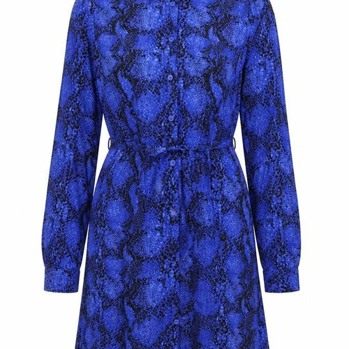 Marks and Spencer Womens Blue Animal Print Viscose Shirt Dress Size 10 Collared Button - Snake Skin Print, Tie Detail