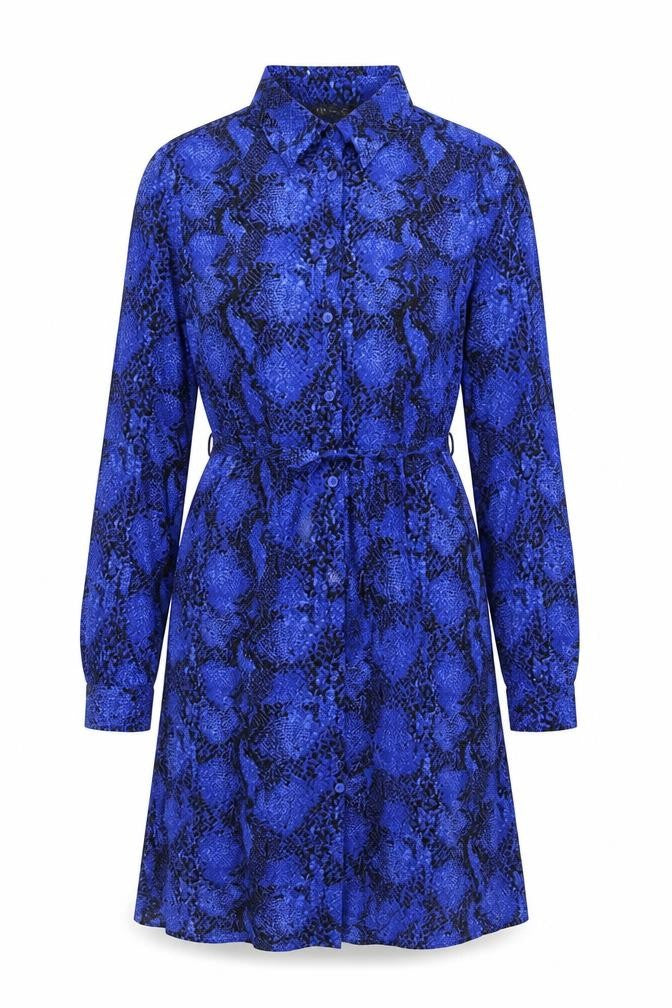 Marks and Spencer Womens Blue Animal Print Viscose Shirt Dress Size 10 Collared Button - Snake Skin Print, Tie Detail