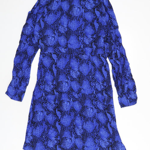 Marks and Spencer Womens Blue Animal Print Viscose Shirt Dress Size 10 Collared Button - Snake Skin Print, Tie Detail