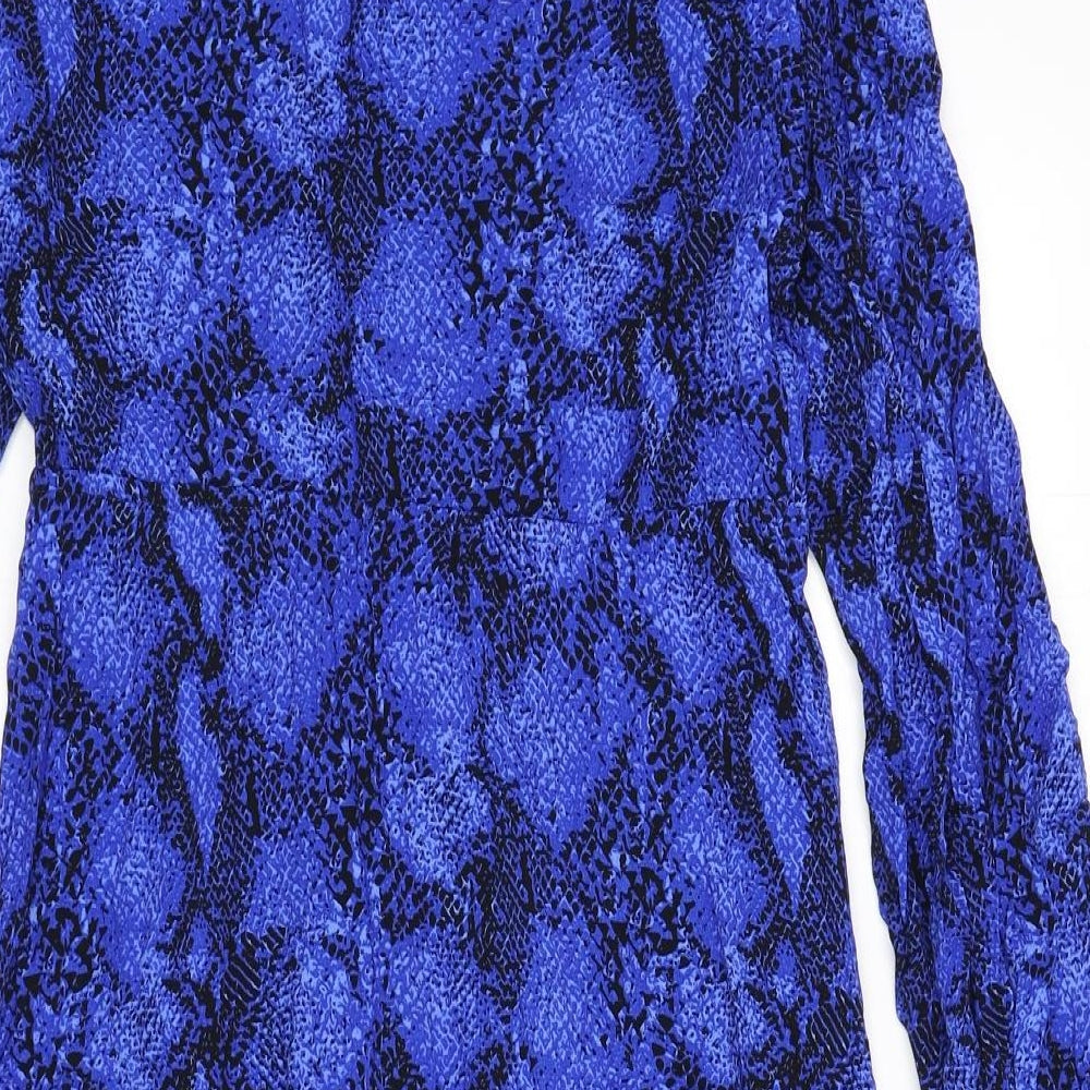 Marks and Spencer Womens Blue Animal Print Viscose Shirt Dress Size 10 Collared Button - Snake Skin Print, Tie Detail