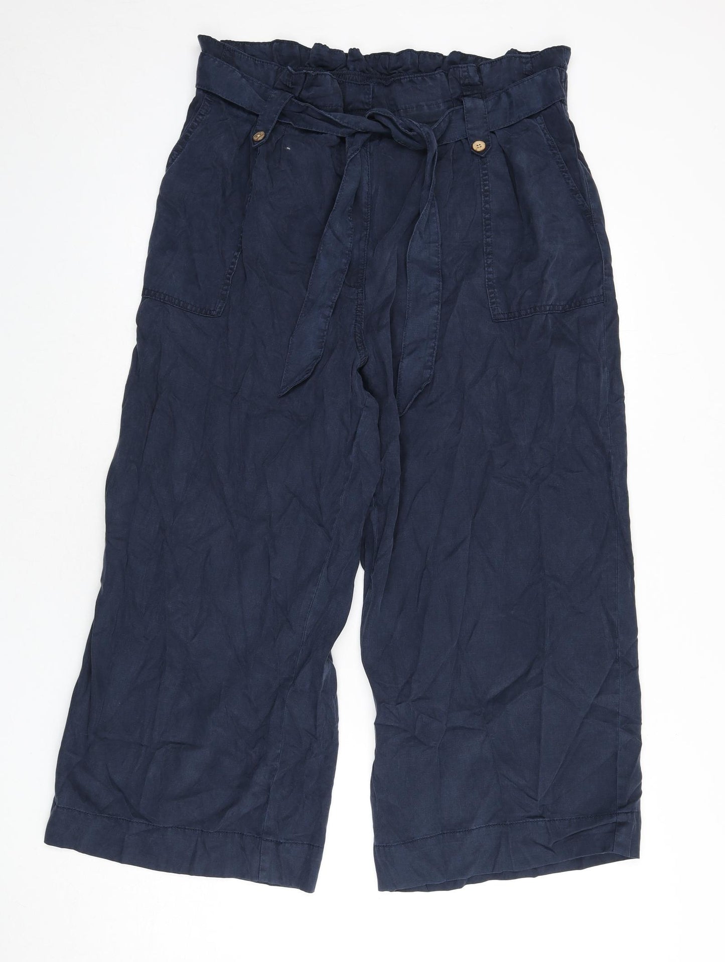 Marks and Spencer Womens Blue Lyocell Trousers Size 18 L24 in Regular Zip - Belt Included, Paper Bag Waist
