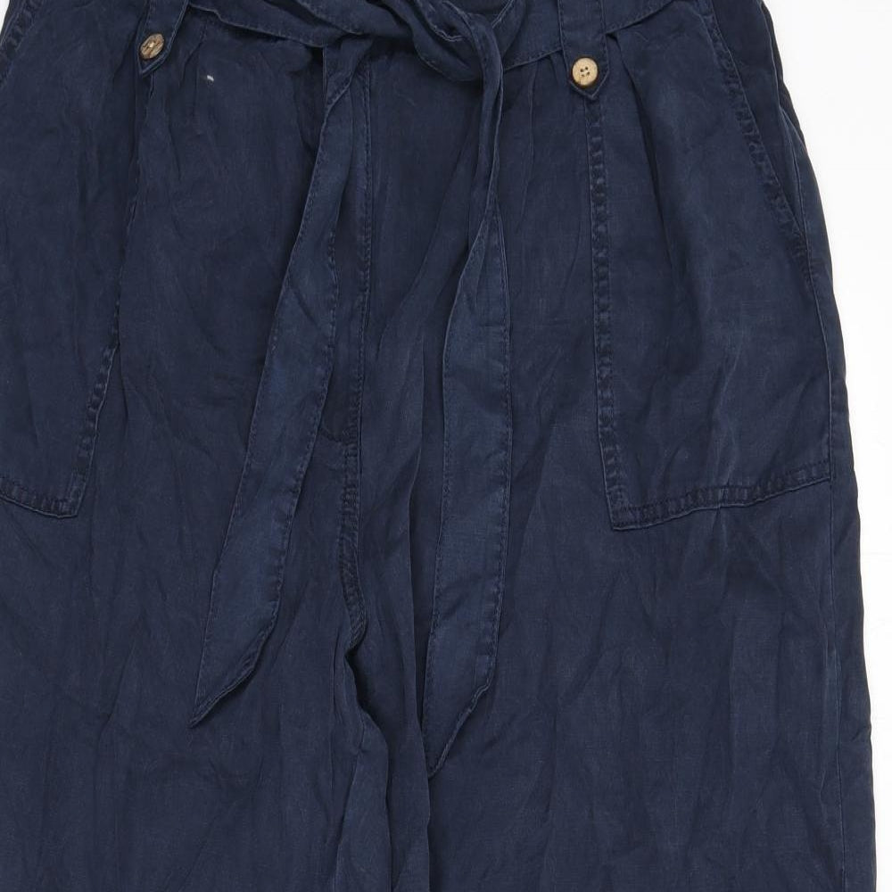 Marks and Spencer Womens Blue Lyocell Trousers Size 18 L24 in Regular Zip - Belt Included, Paper Bag Waist