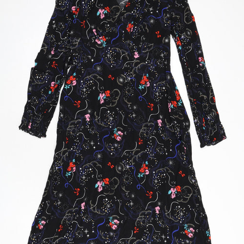 Marks and Spencer Womens Black Geometric Viscose A-Line Size 10 V-Neck Zip - Tie Detail