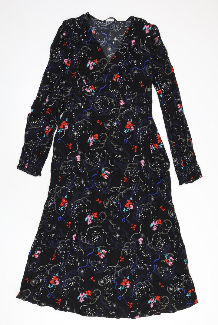 Marks and Spencer Womens Black Geometric Viscose A-Line Size 10 V-Neck Zip - Tie Detail