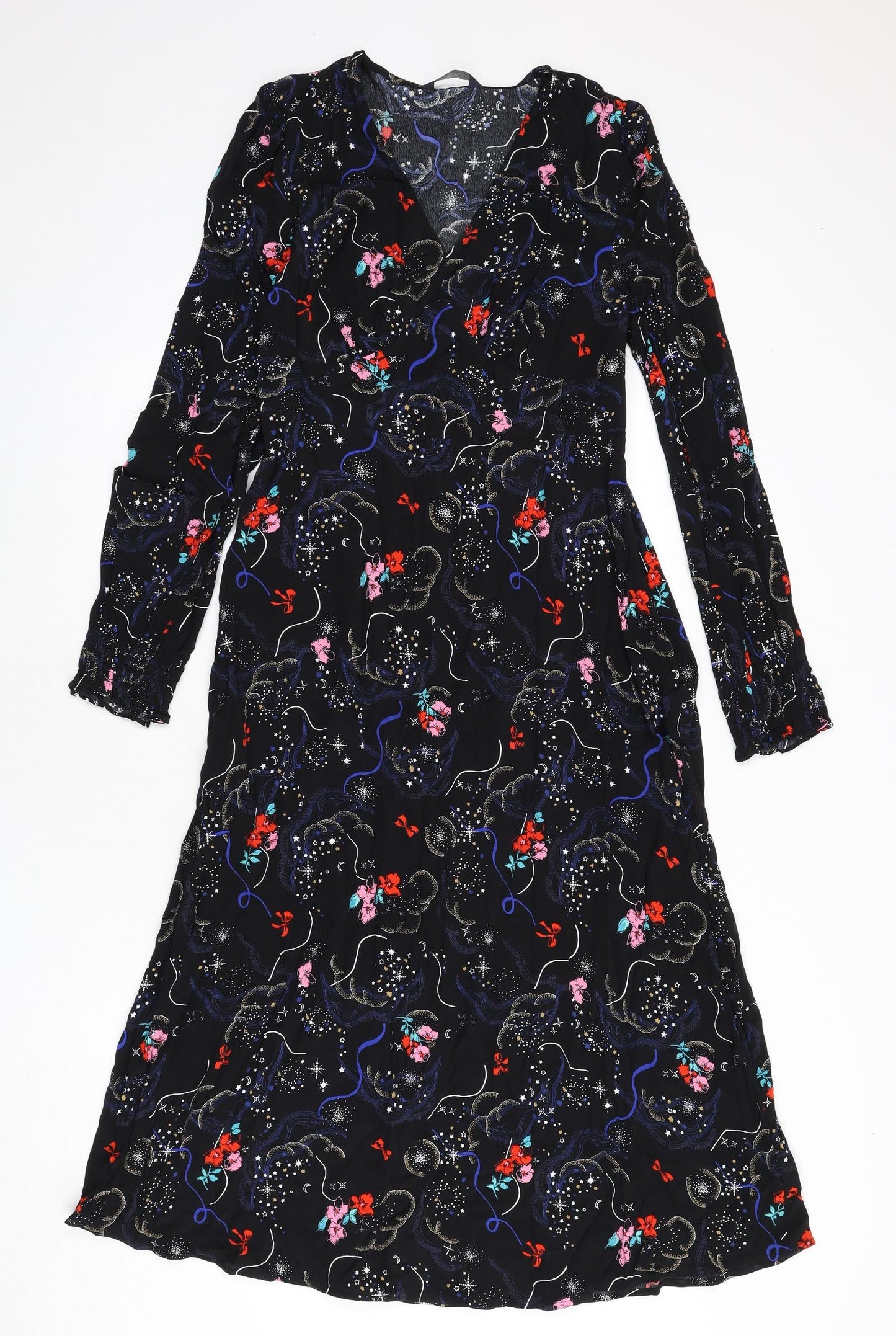 Marks and Spencer Womens Black Geometric Viscose A-Line Size 10 V-Neck Zip - Tie Detail