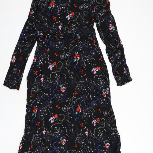 Marks and Spencer Womens Black Geometric Viscose A-Line Size 10 V-Neck Zip - Tie Detail