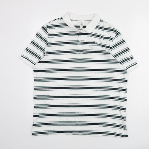 Marks and Spencer Mens White Striped 100% Cotton Polo Size L Collared Button