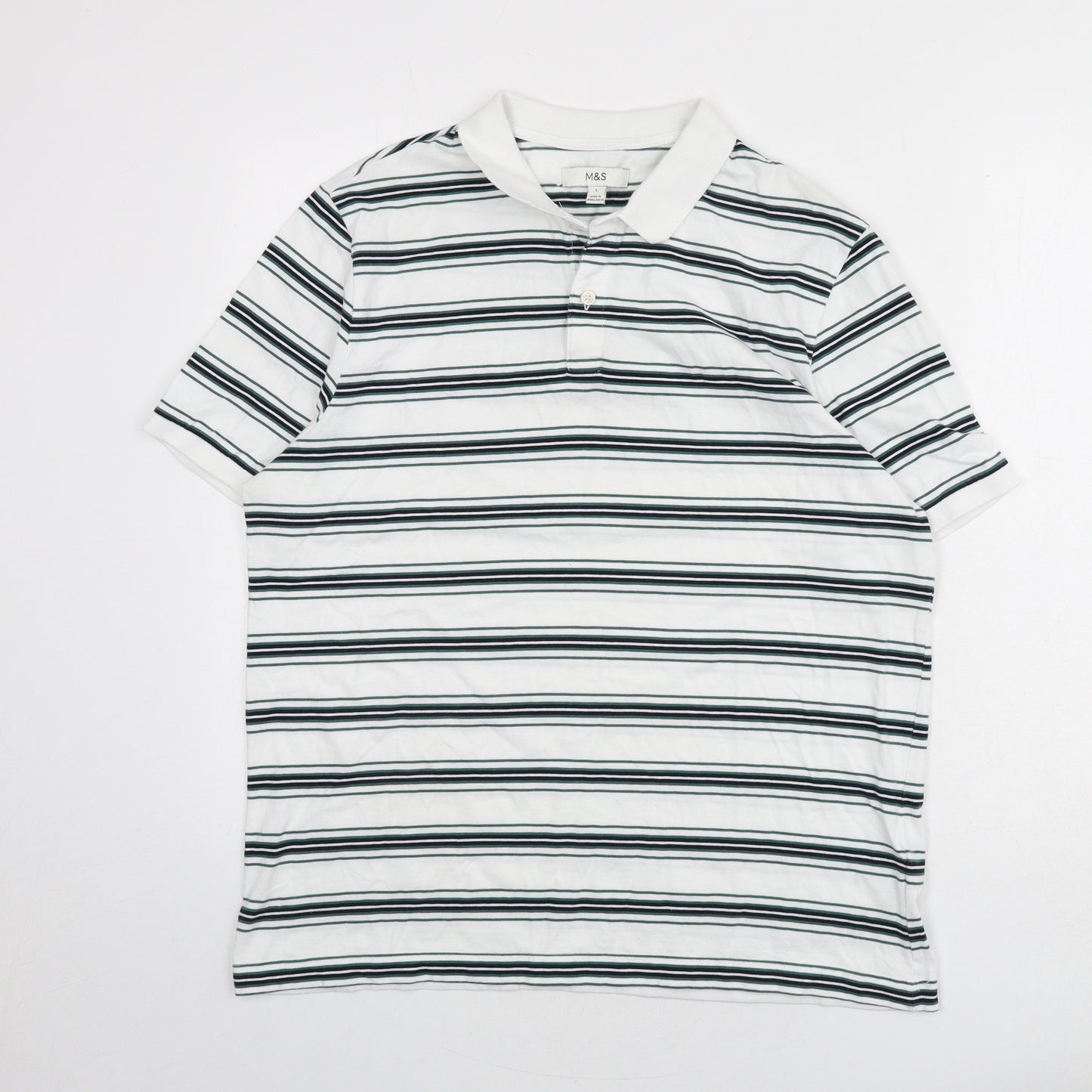 Marks and Spencer Mens White Striped 100% Cotton Polo Size L Collared Button