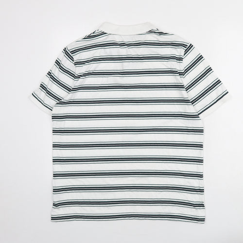 Marks and Spencer Mens White Striped 100% Cotton Polo Size L Collared Button