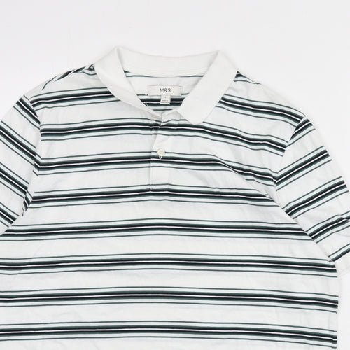 Marks and Spencer Mens White Striped 100% Cotton Polo Size L Collared Button