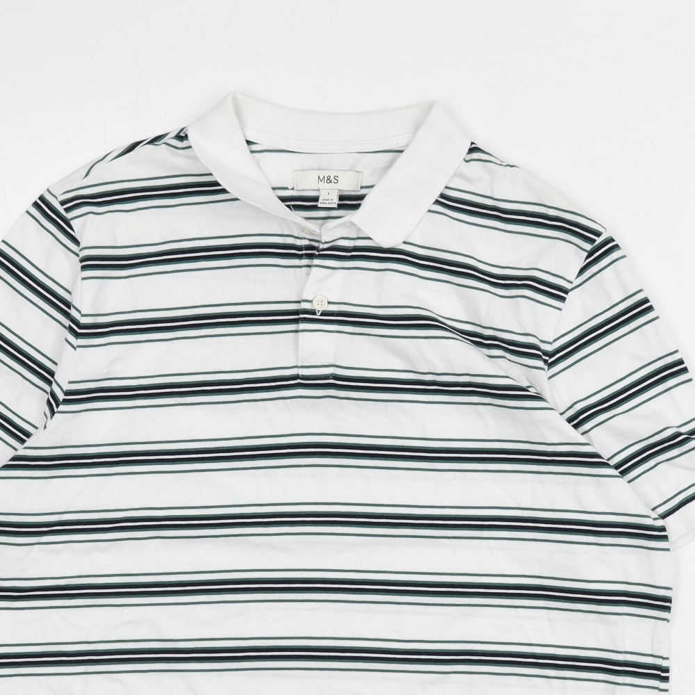 Marks and Spencer Mens White Striped 100% Cotton Polo Size L Collared Button
