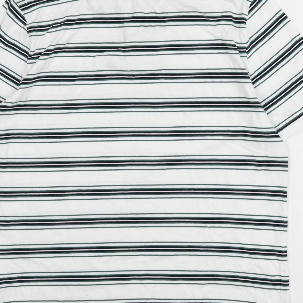 Marks and Spencer Mens White Striped 100% Cotton Polo Size L Collared Button