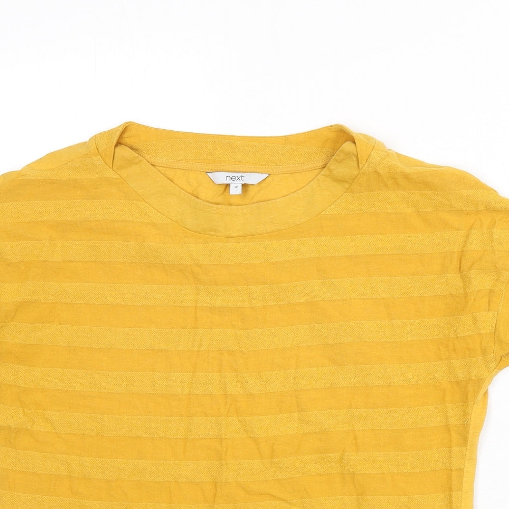 NEXT Womens Yellow Striped Viscose Basic T-Shirt Size 12 Round Neck