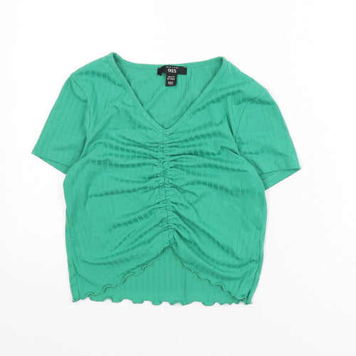 New Look Girls Green Polyester Cropped T-Shirt Size 12-13 Years V-Neck Pullover - Ruched