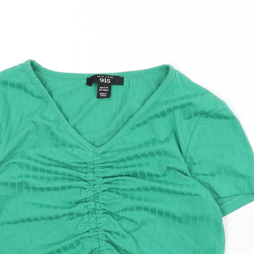 New Look Girls Green Polyester Cropped T-Shirt Size 12-13 Years V-Neck Pullover - Ruched