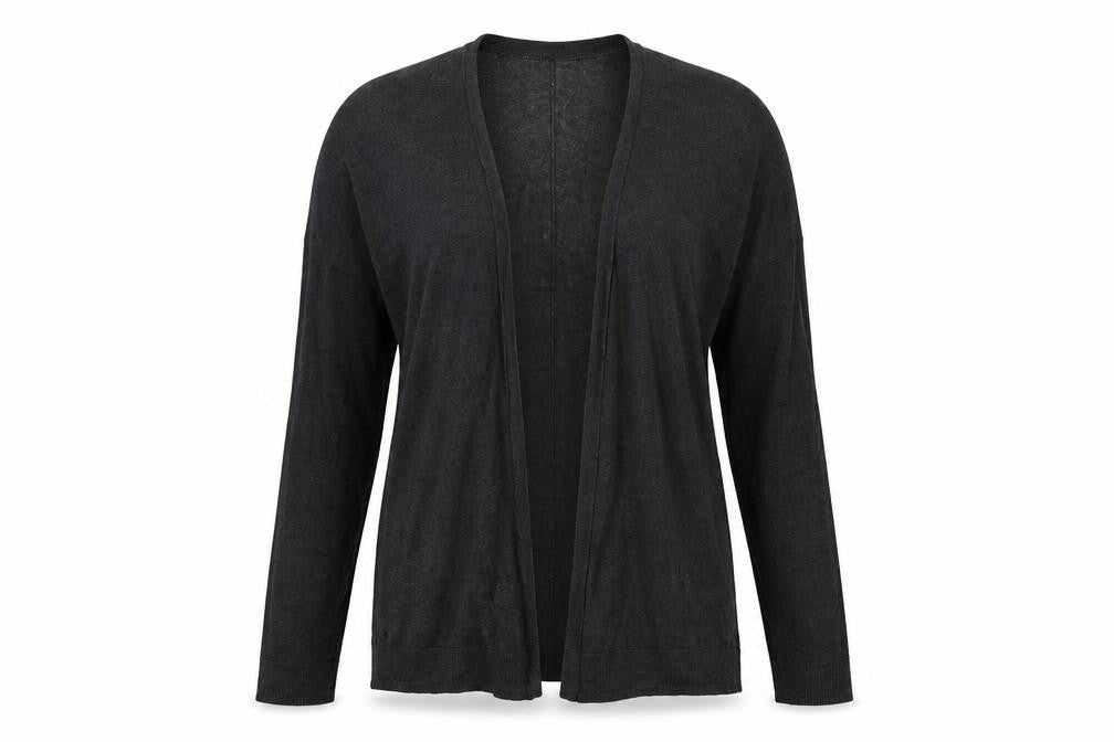 Front view of H&M women’s grey v-neck viscose cardigan jumper, size S