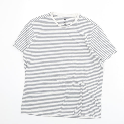H&M Womens Grey Striped Cotton Basic T-Shirt Size L Round Neck