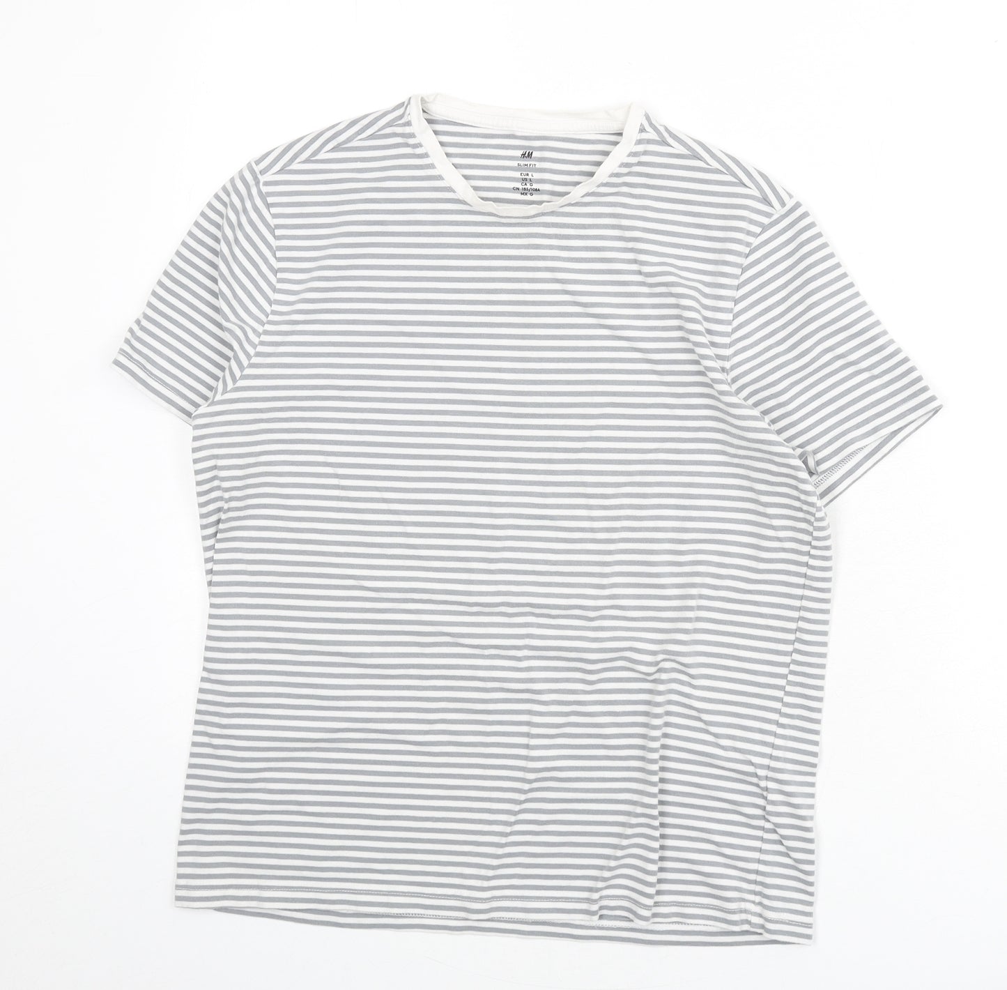 H&M Womens Grey Striped Cotton Basic T-Shirt Size L Round Neck