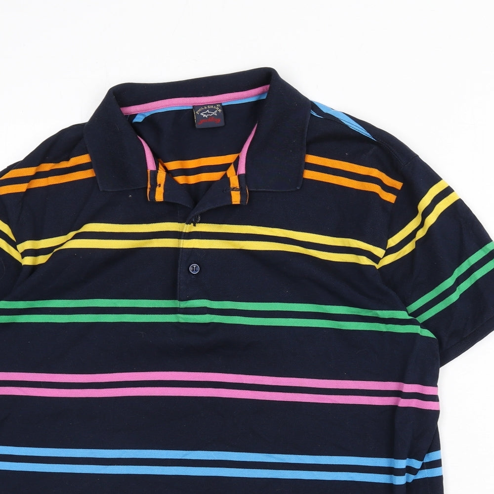 Paul & Shark Mens Blue Striped 100% Cotton Polo Size XL Collared Button