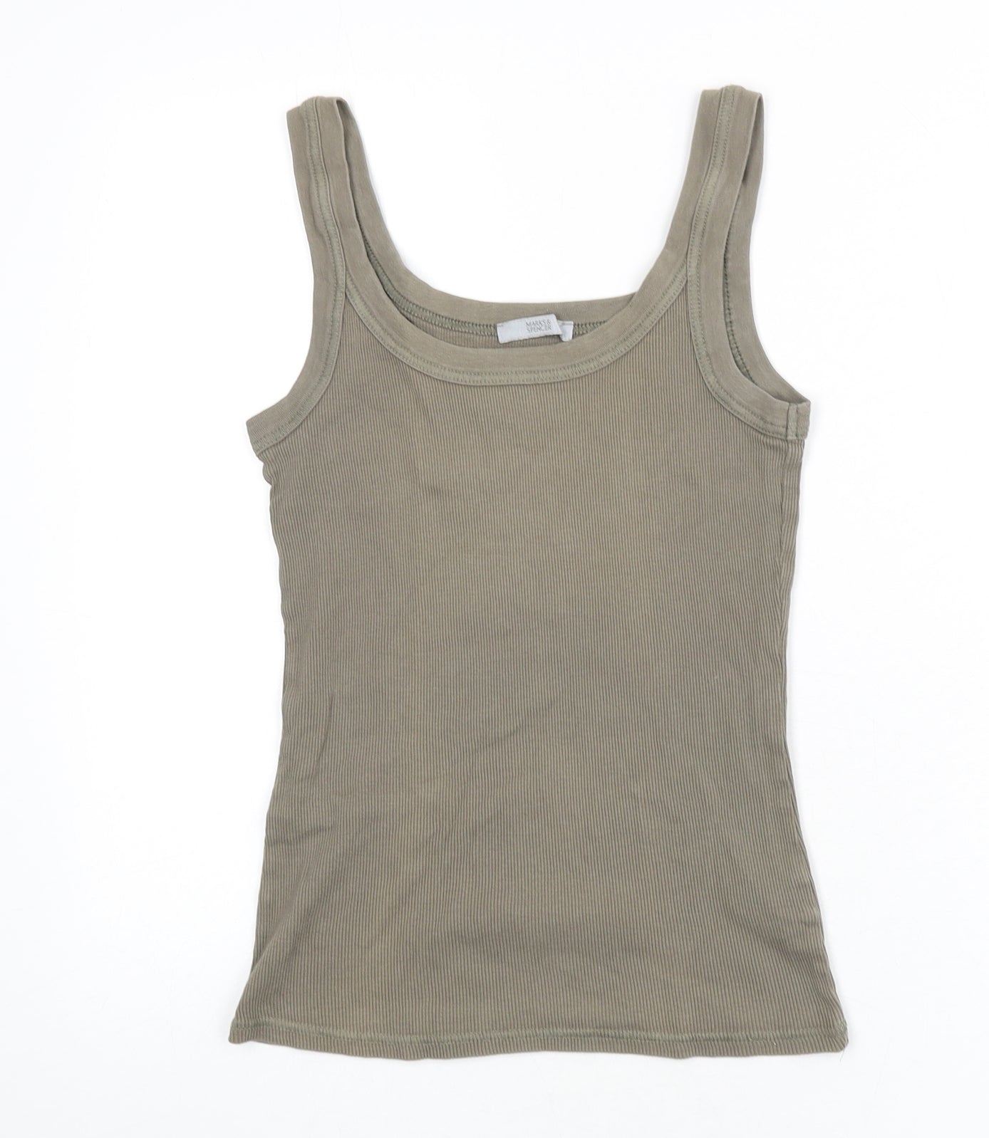 Marks and Spencer Womens Green 100% Cotton Basic Tank Size M Scoop Neck - Ribbed